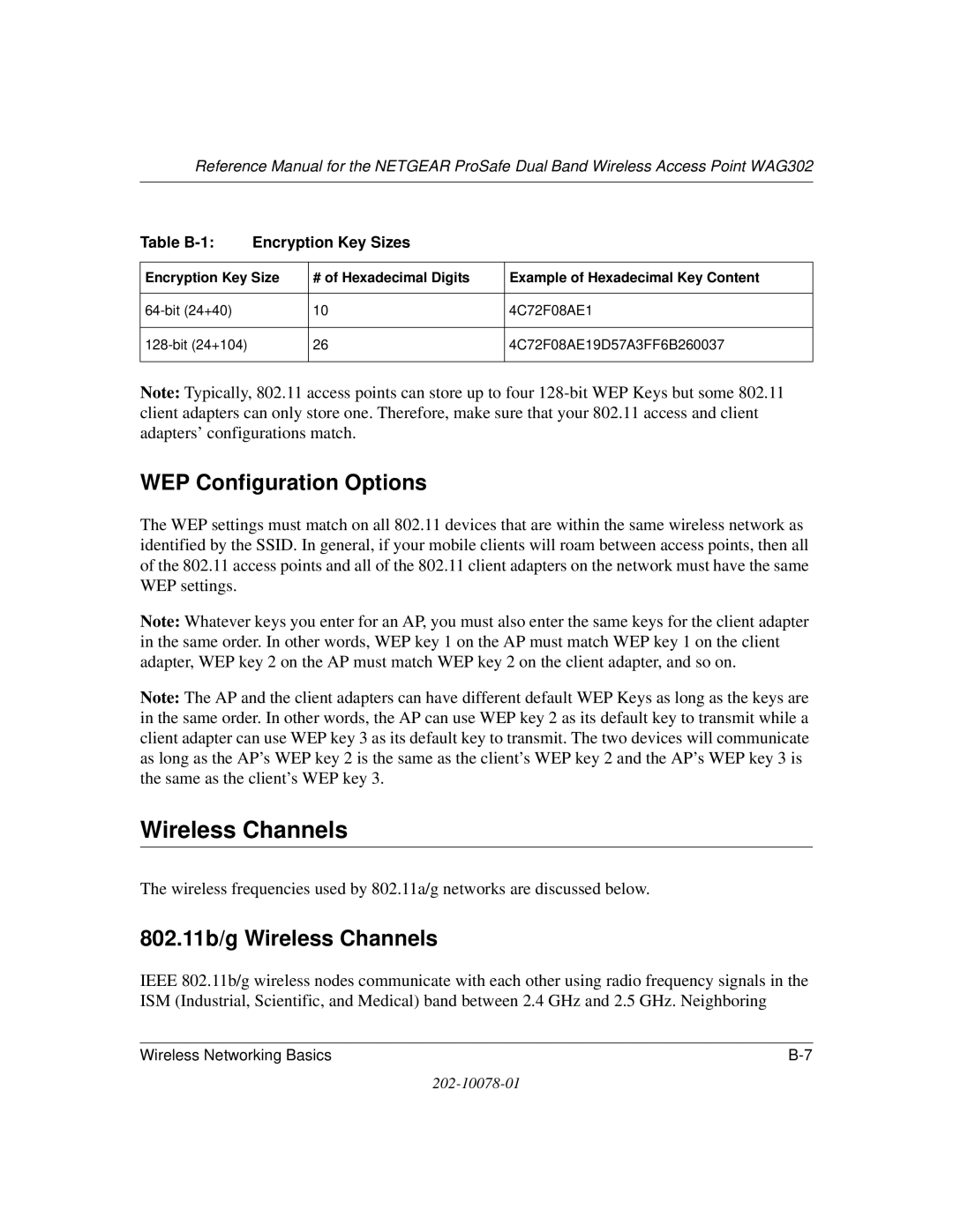 NETGEAR WAG302 manual WEP Configuration Options, 802.11b/g Wireless Channels 