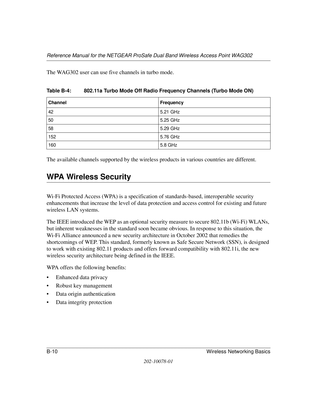 NETGEAR manual WPA Wireless Security, WAG302 user can use five channels in turbo mode 