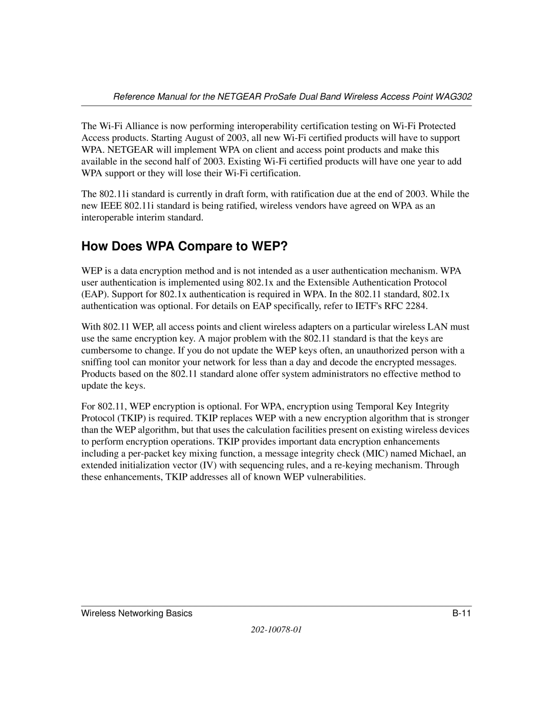 NETGEAR WAG302 manual How Does WPA Compare to WEP? 