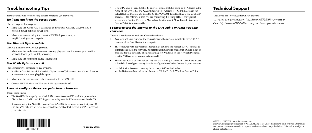 NETGEAR WAG302 manual Troubleshooting Tips, Technical Support 