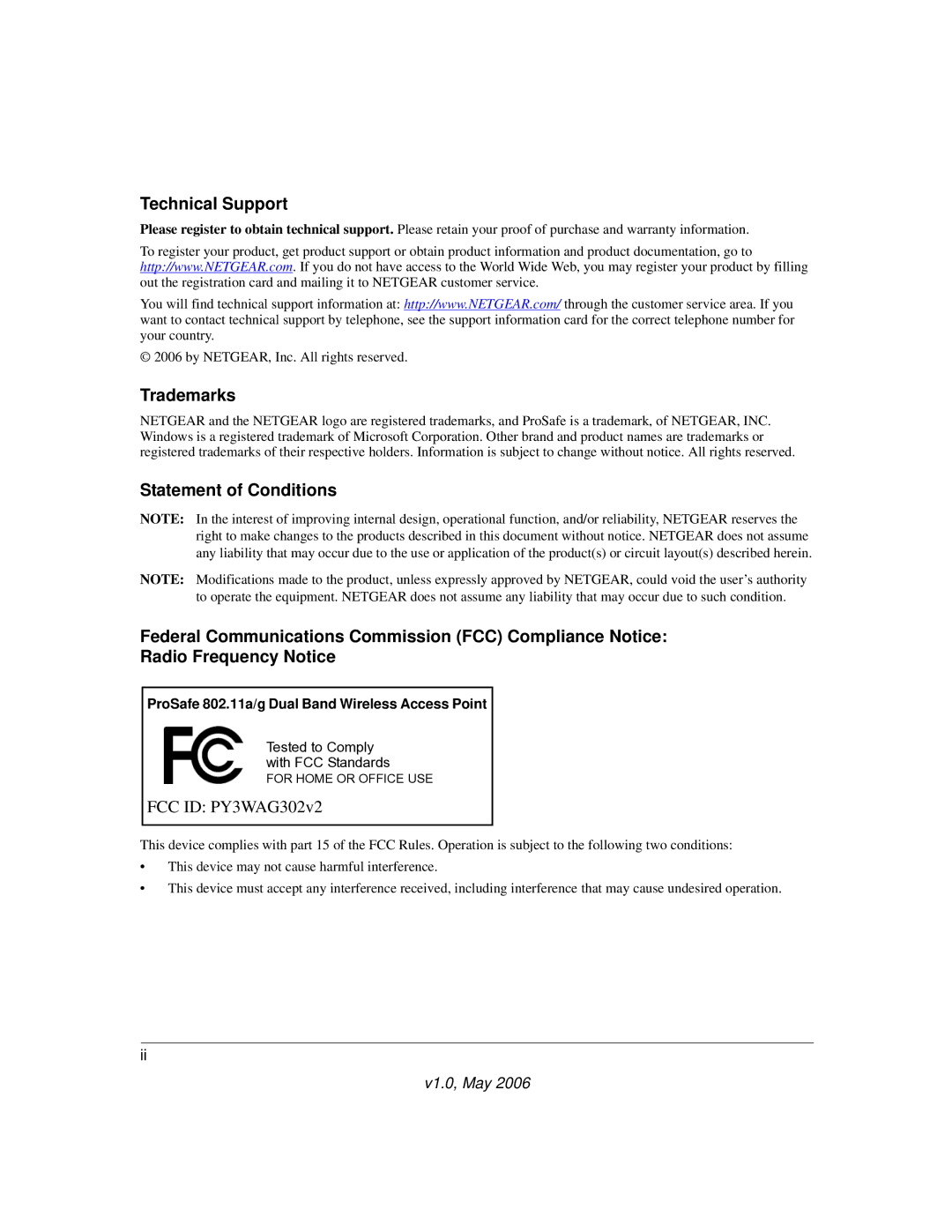 NETGEAR WAG302V2 manual Technical Support, Trademarks, ProSafe 802.11a/g Dual Band Wireless Access Point 