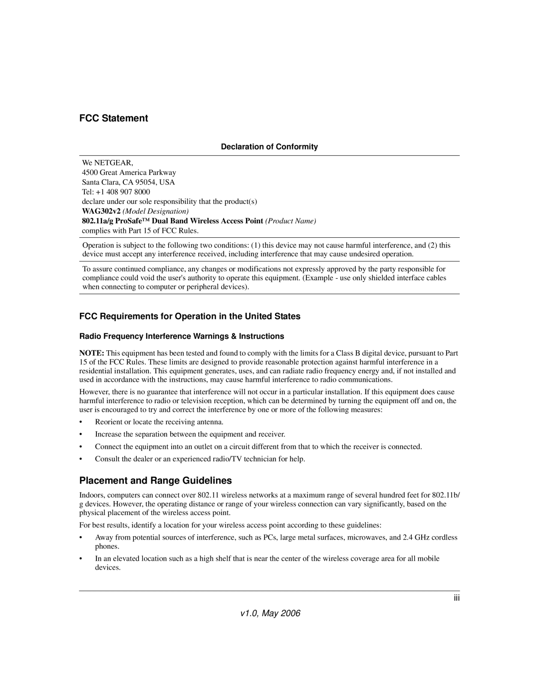 NETGEAR WAG302V2 manual FCC Statement, Placement and Range Guidelines, FCC Requirements for Operation in the United States 