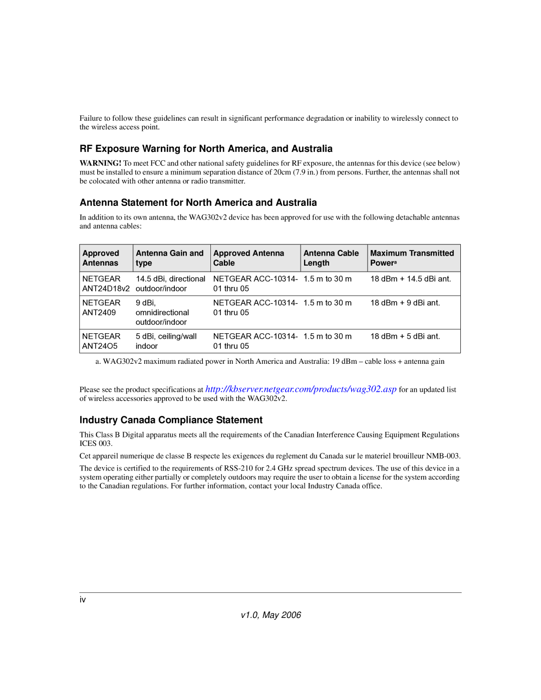 NETGEAR WAG302V2 manual Industry Canada Compliance Statement, Netgear ACC-10314, ANT24O5 