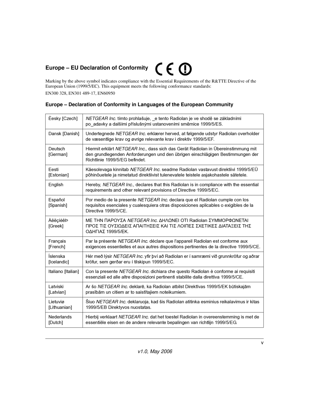 NETGEAR WAG302V2 manual Europe EU Declaration of Conformity, Richtlinie 1999/5/EG befindet, Οδηγιασ 1999/5/ΕΚ, Íslenska 