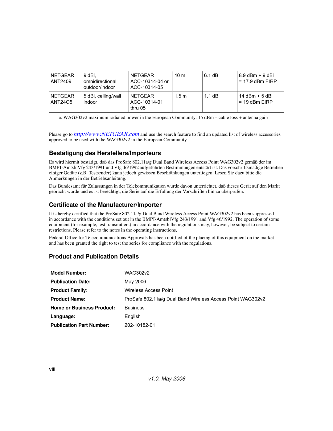 NETGEAR WAG302V2 manual Bestätigung des Herstellers/Importeurs, Certificate of the Manufacturer/Importer, DBm + 5 dBi 