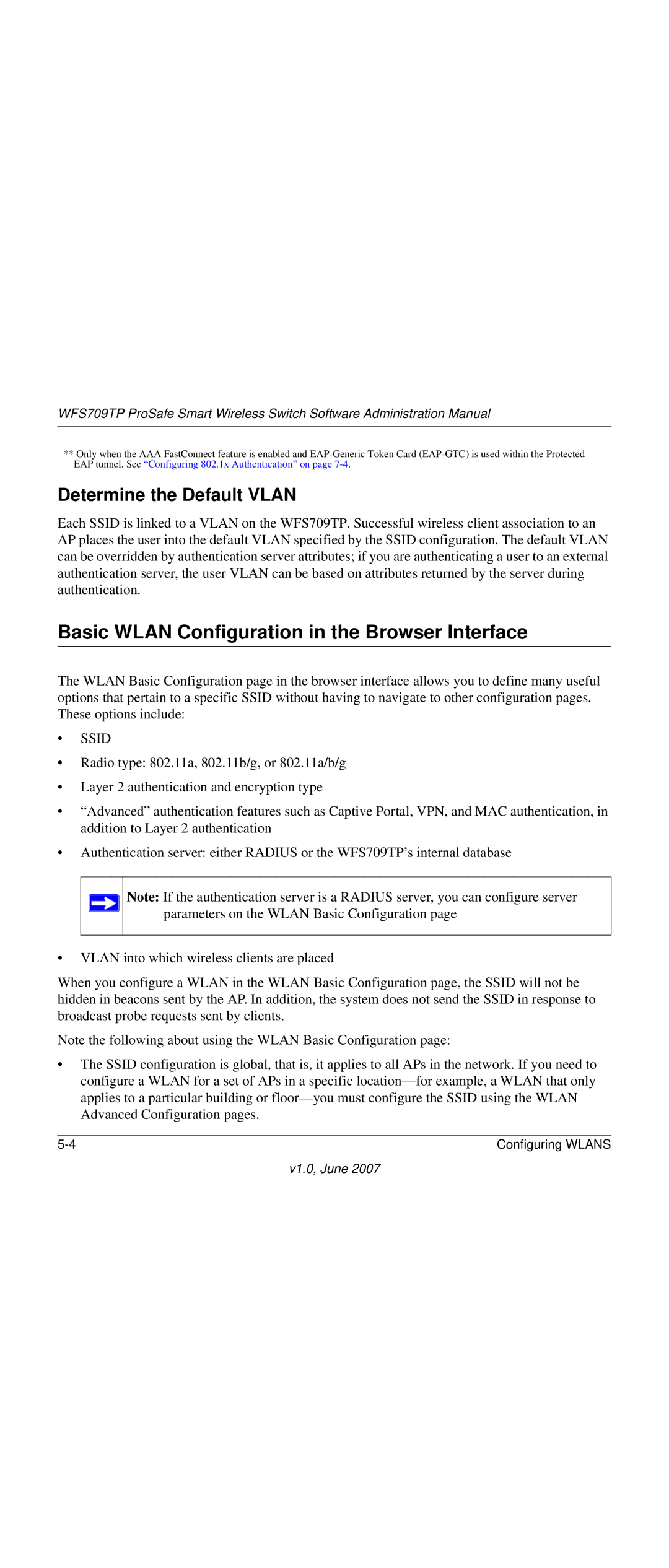 NETGEAR WFS709TP-100NAS manual Basic Wlan Configuration in the Browser Interface, Determine the Default Vlan 