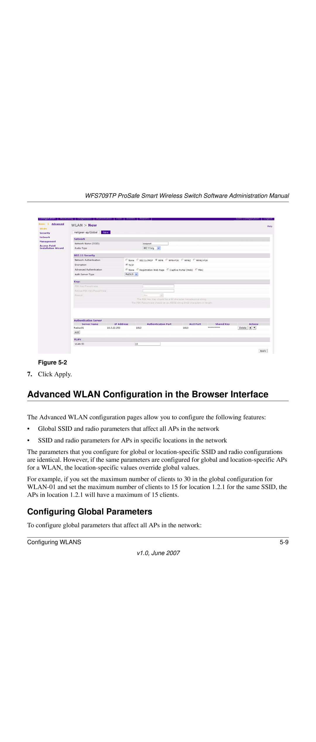 NETGEAR WFS709TP-100NAS manual Advanced Wlan Configuration in the Browser Interface, Configuring Global Parameters 