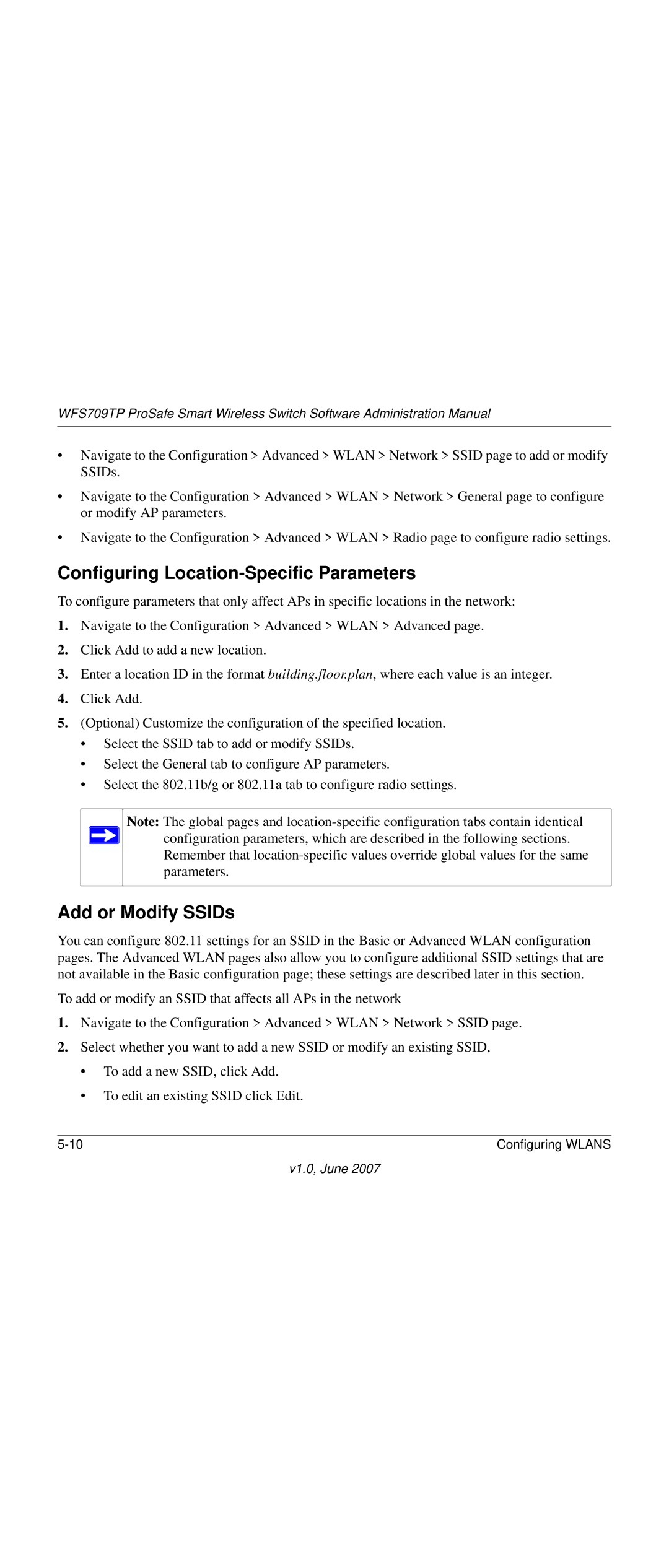 NETGEAR WFS709TP-100NAS manual Configuring Location-Specific Parameters, Add or Modify SSIDs 