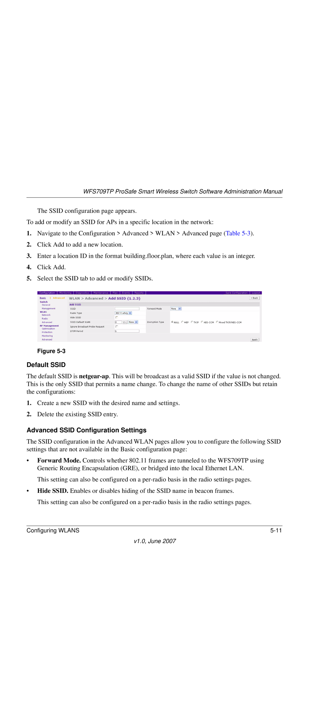 NETGEAR WFS709TP-100NAS manual Default Ssid, Advanced Ssid Configuration Settings 