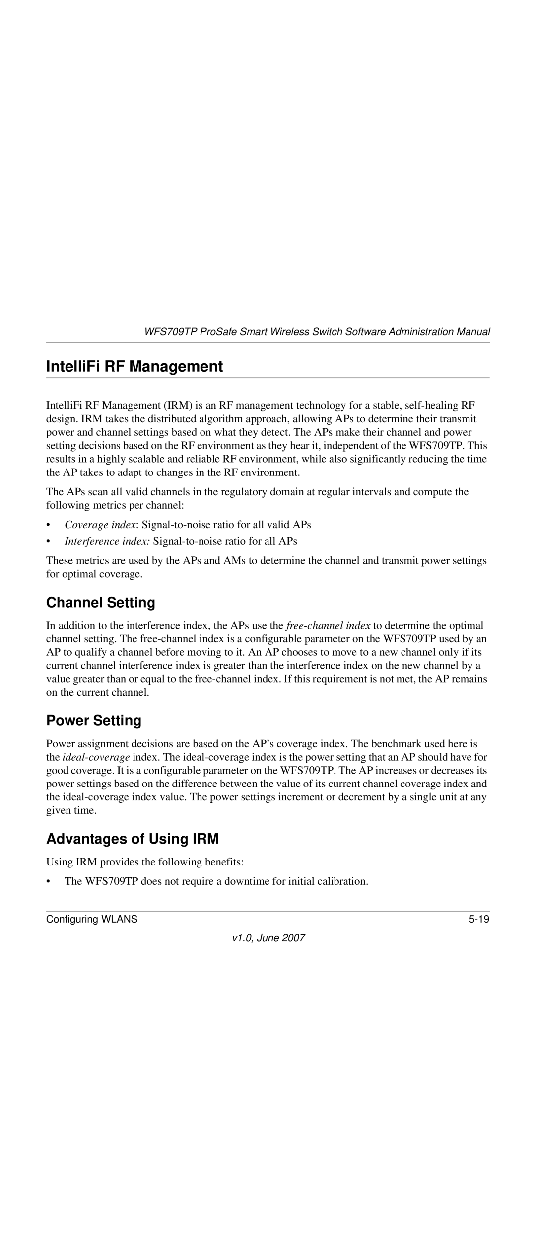 NETGEAR WFS709TP-100NAS manual IntelliFi RF Management, Channel Setting, Power Setting, Advantages of Using IRM 