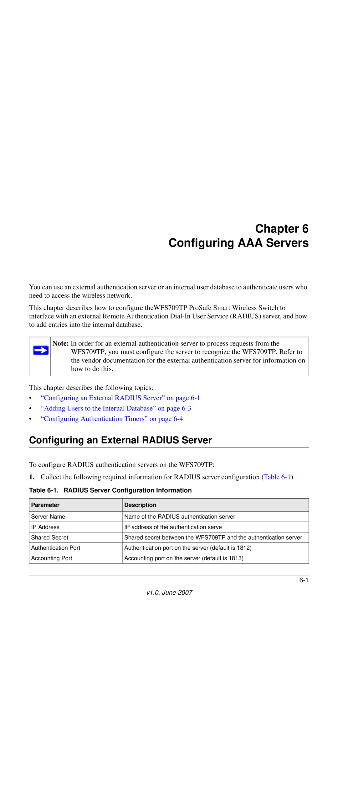 NETGEAR WFS709TP-100NAS Chapter Configuring AAA Servers, Configuring an External Radius Server, Parameter Description 