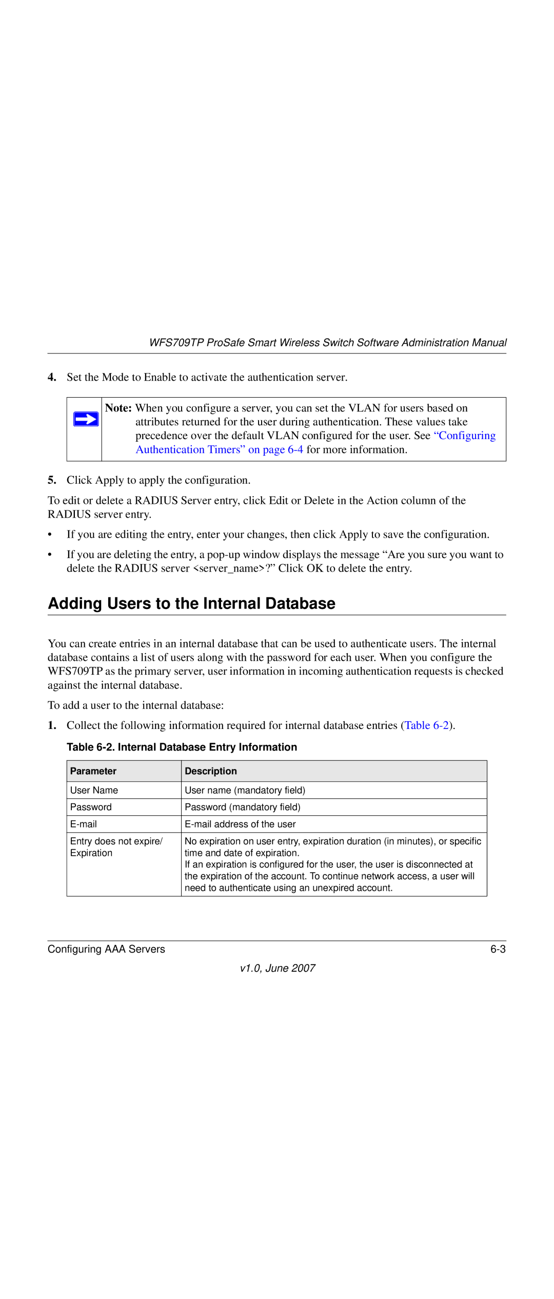 NETGEAR WFS709TP-100NAS manual Adding Users to the Internal Database, Internal Database Entry Information 