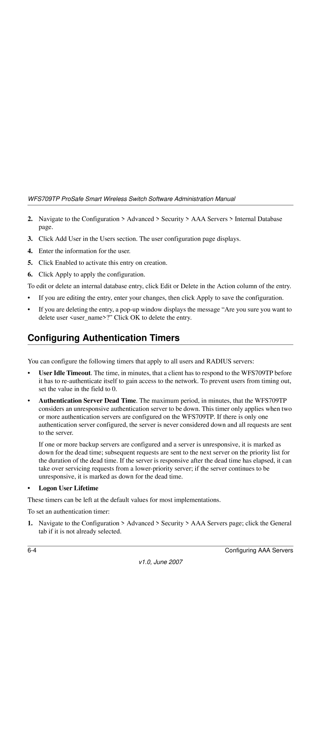 NETGEAR WFS709TP-100NAS manual Configuring Authentication Timers, Logon User Lifetime 