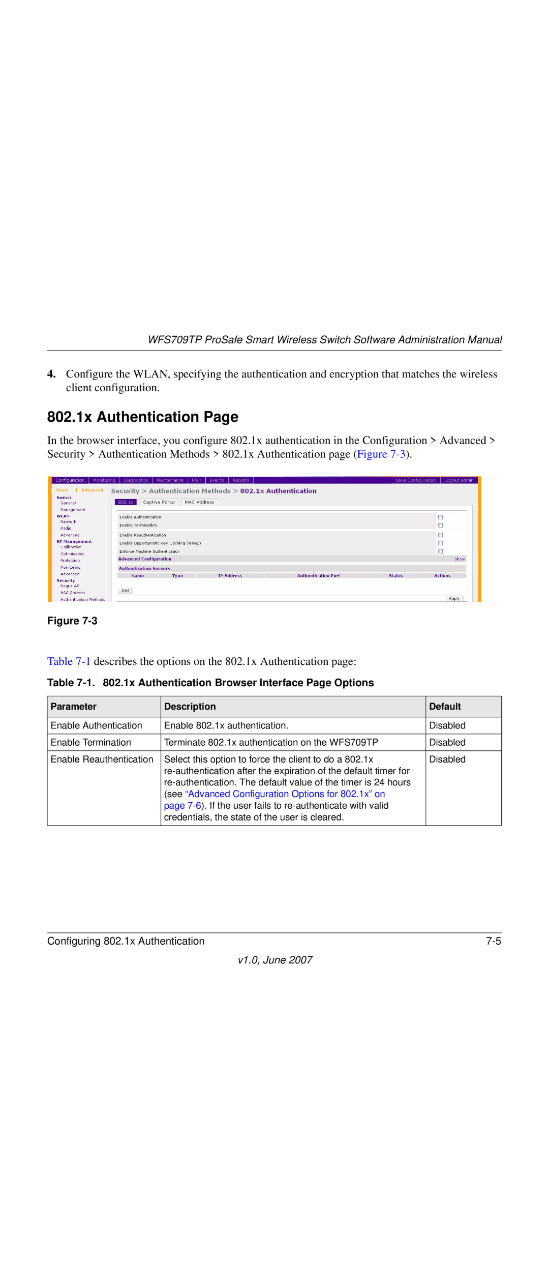 NETGEAR WFS709TP-100NAS manual 802.1x Authentication, 1x Authentication Browser Interface Page Options 