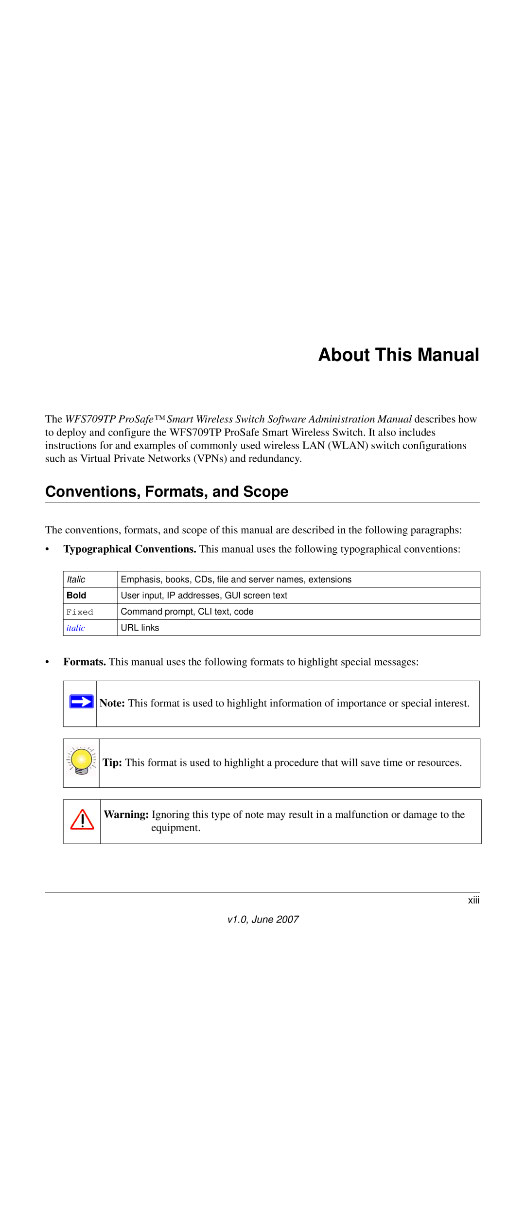 NETGEAR WFS709TP-100NAS manual About This Manual, Conventions, Formats, and Scope 