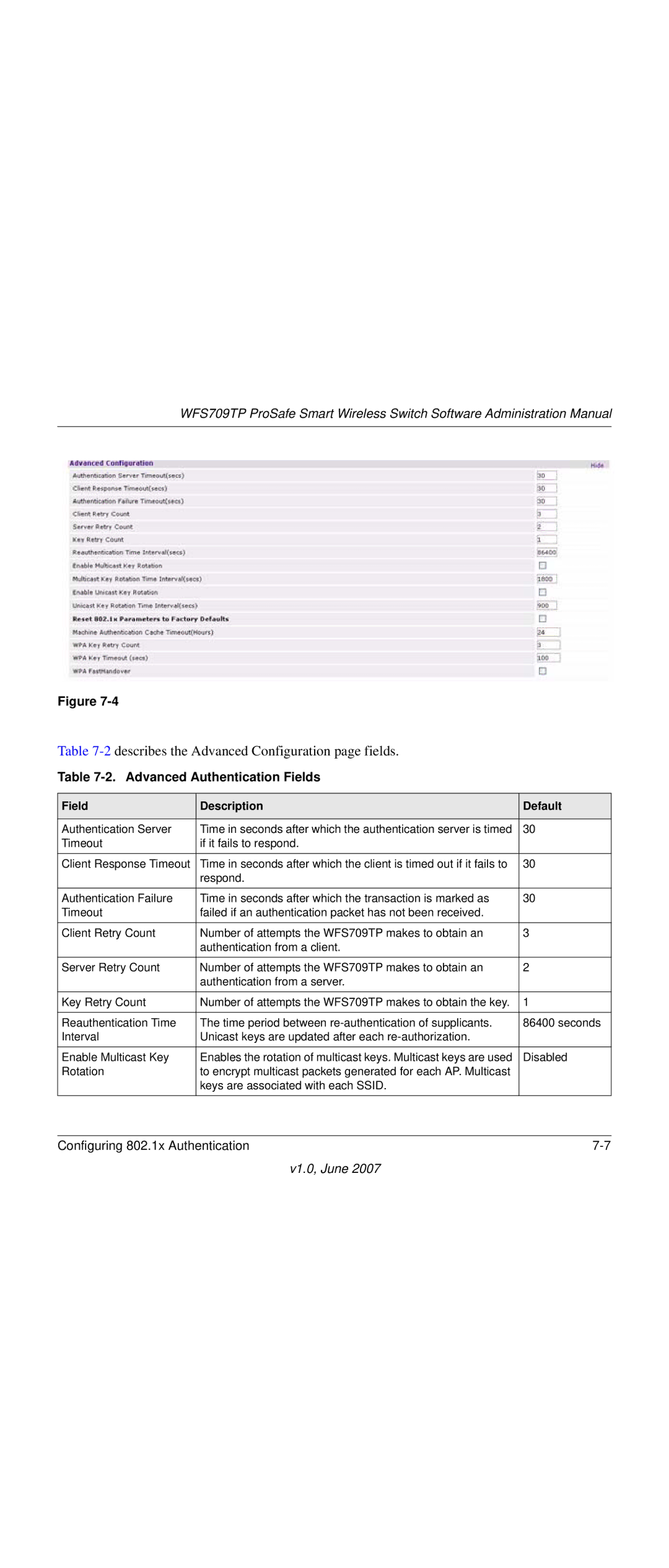 NETGEAR WFS709TP-100NAS manual Advanced Authentication Fields, Field Description Default 