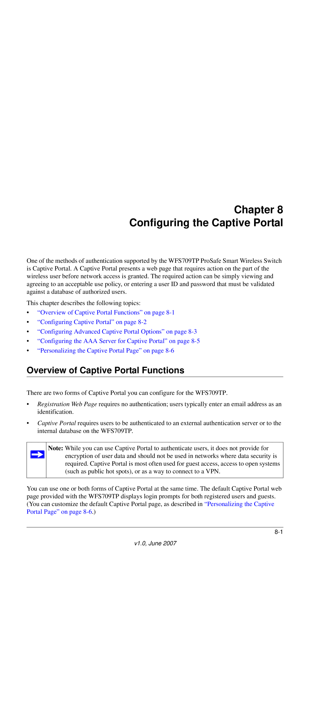 NETGEAR WFS709TP-100NAS manual Chapter Configuring the Captive Portal, Overview of Captive Portal Functions 