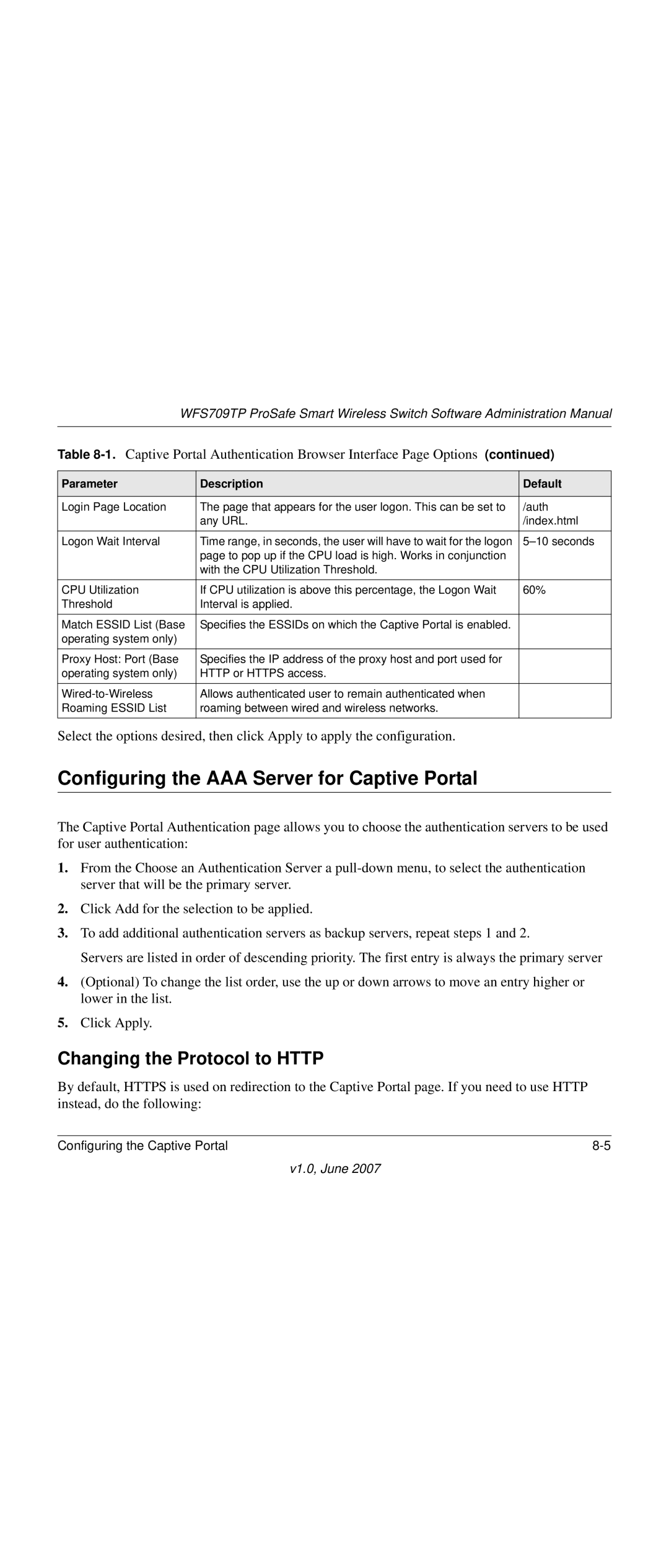 NETGEAR WFS709TP-100NAS manual Configuring the AAA Server for Captive Portal, Changing the Protocol to Http 