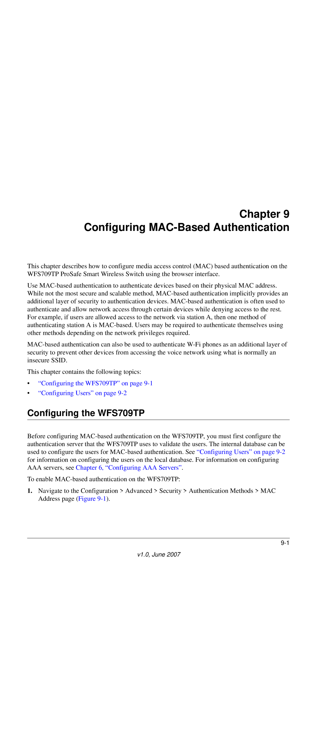 NETGEAR WFS709TP-100NAS manual Configuring MAC-Based Authentication, Configuring the WFS709TP 