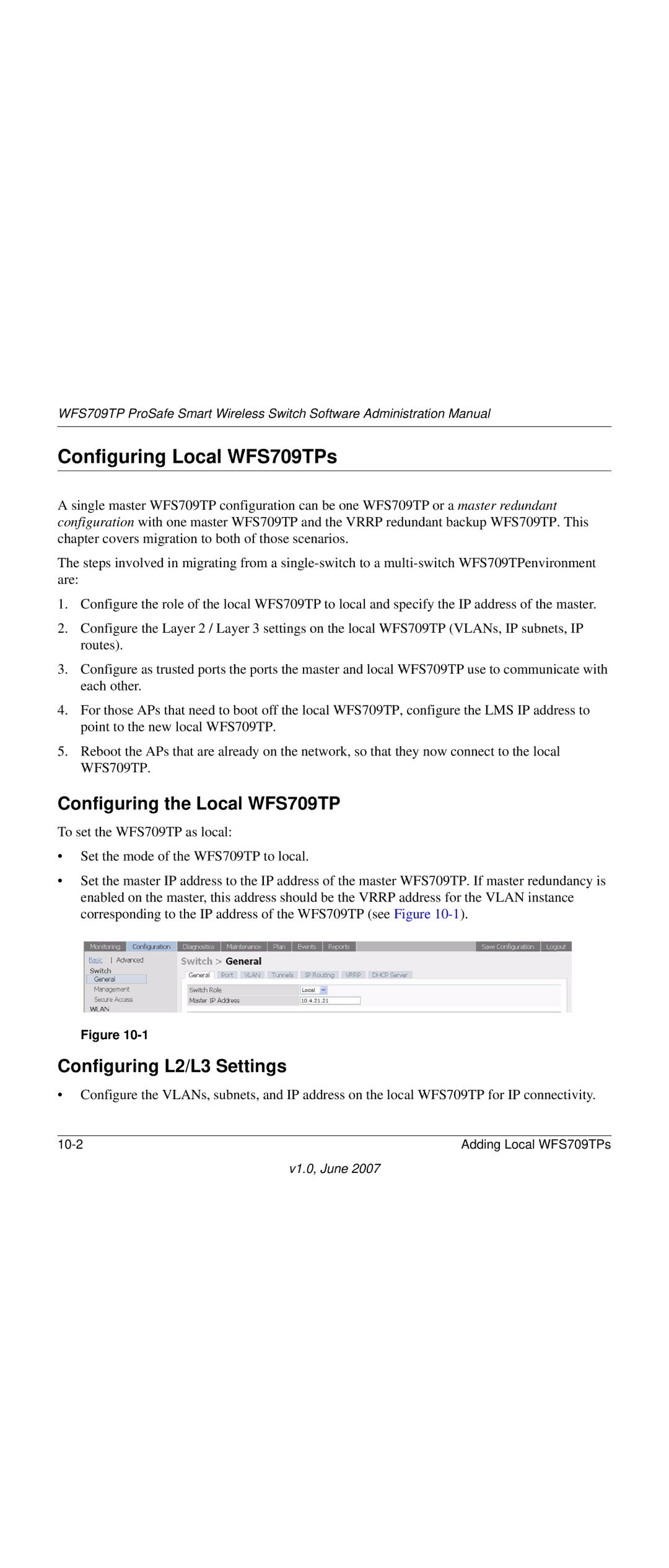 NETGEAR WFS709TP-100NAS manual Configuring Local WFS709TPs, Configuring the Local WFS709TP, Configuring L2/L3 Settings 