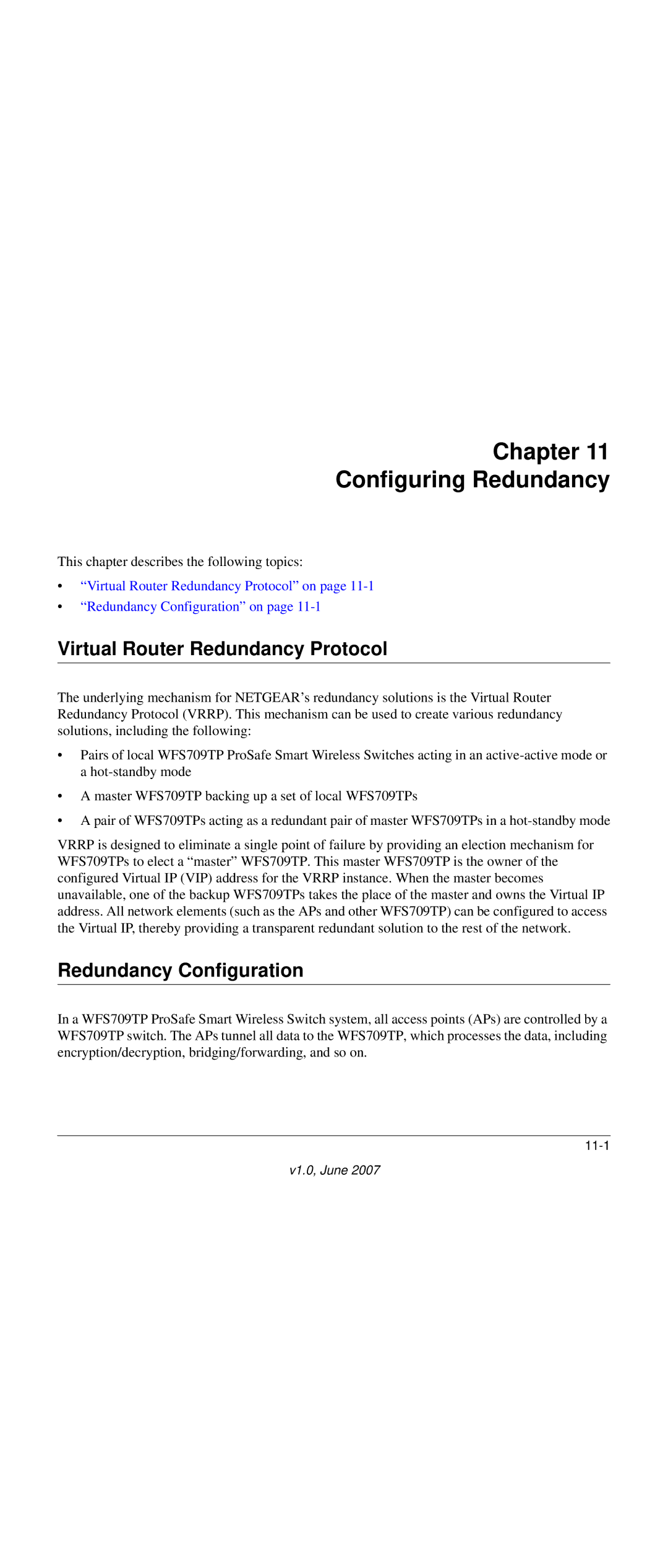 NETGEAR WFS709TP-100NAS manual Chapter Configuring Redundancy, Virtual Router Redundancy Protocol, Redundancy Configuration 