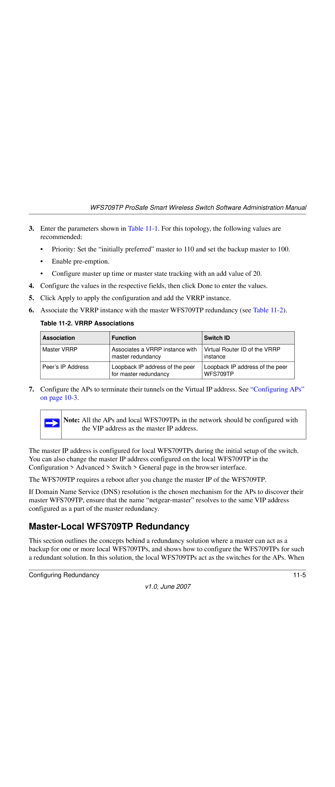 NETGEAR WFS709TP-100NAS manual Master-Local WFS709TP Redundancy, Vrrp Associations, Association Function Switch ID 