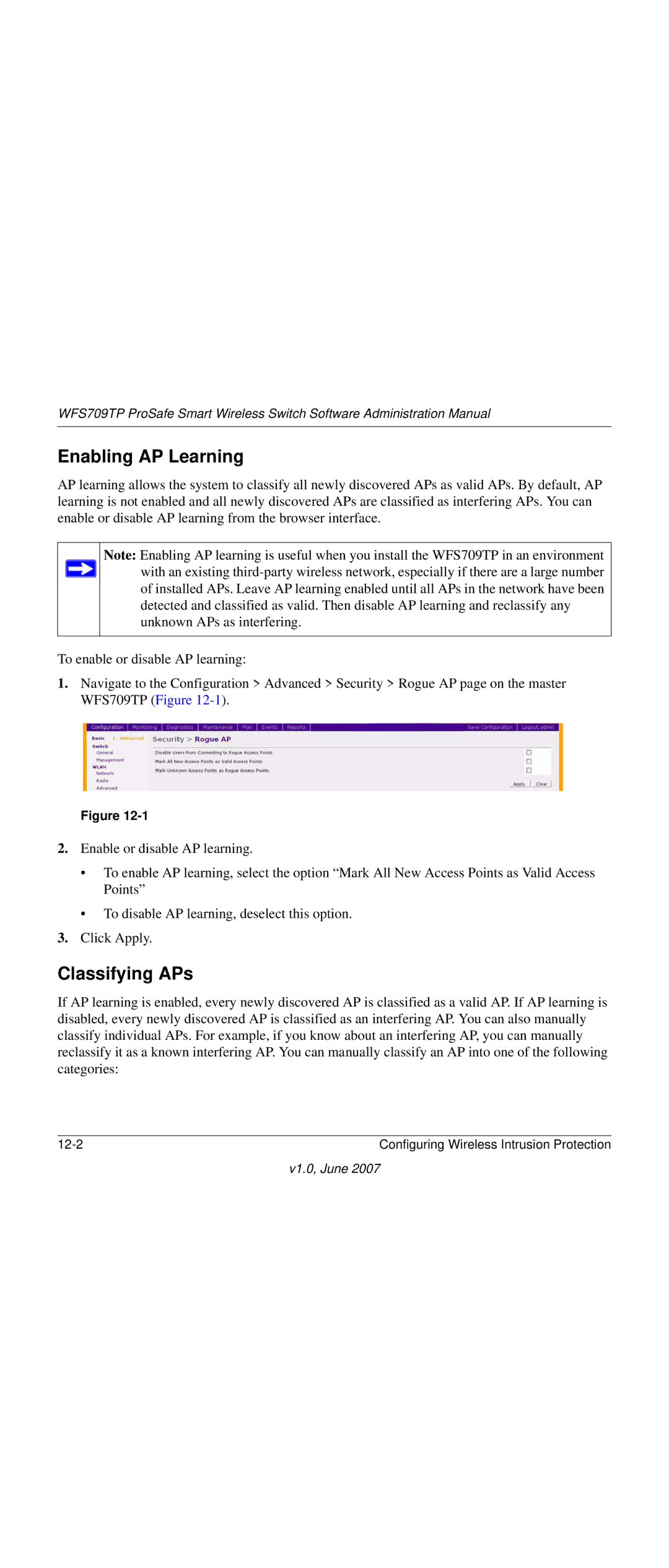 NETGEAR WFS709TP-100NAS manual Enabling AP Learning, Classifying APs 