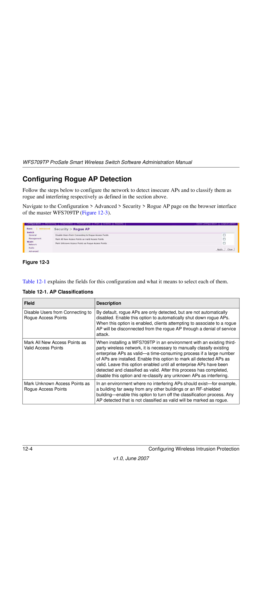 NETGEAR WFS709TP-100NAS manual Configuring Rogue AP Detection, AP Classifications, FIeld Description 