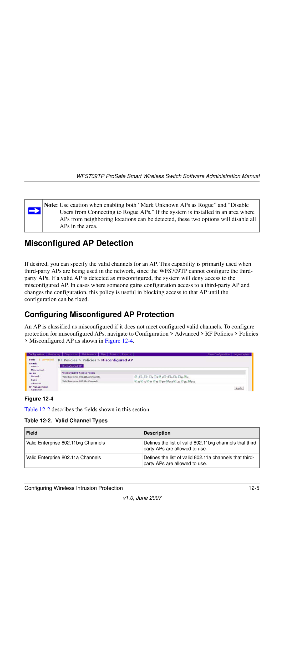 NETGEAR WFS709TP-100NAS manual Misconfigured AP Detection, Configuring Misconfigured AP Protection, Valid Channel Types 