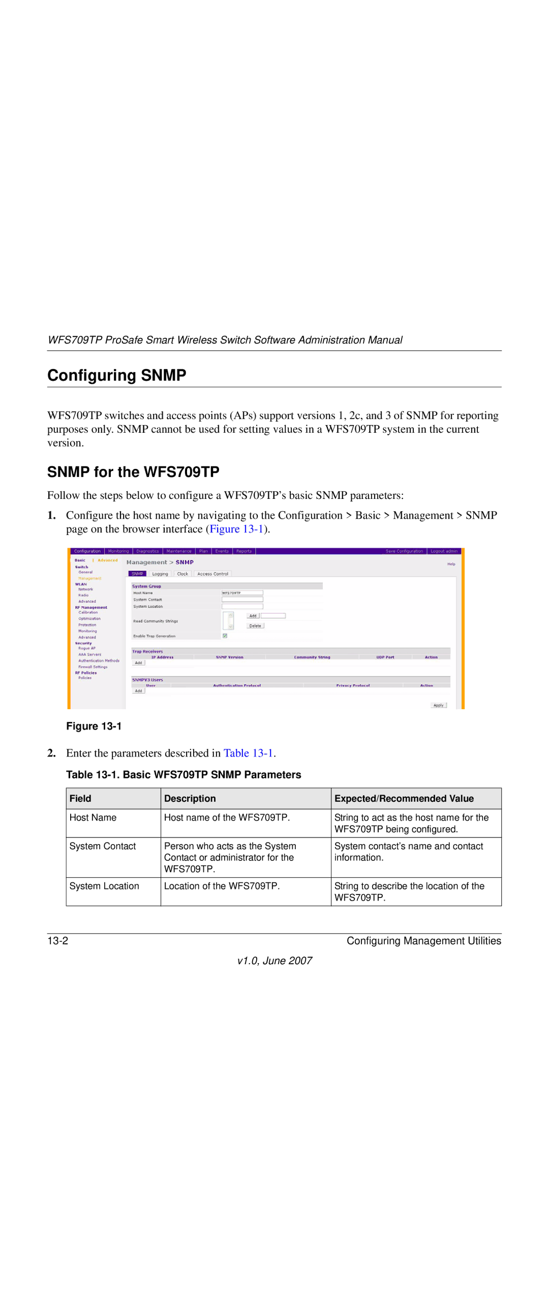 NETGEAR WFS709TP-100NAS manual Configuring Snmp, Snmp for the WFS709TP, Basic WFS709TP Snmp Parameters 