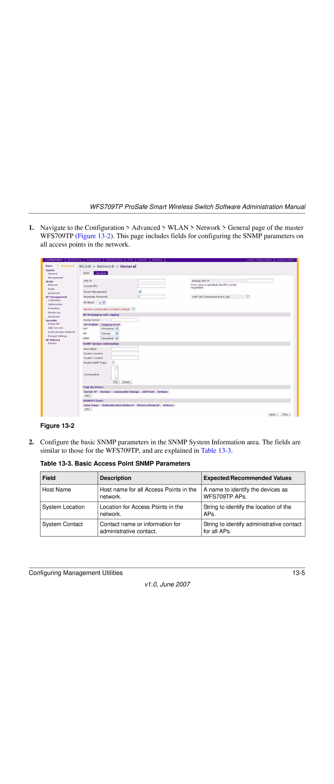 NETGEAR WFS709TP-100NAS manual Basic Access Point Snmp Parameters, Field Description Expected/Recommended Values 