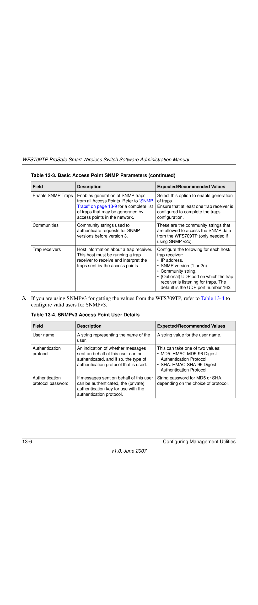 NETGEAR WFS709TP-100NAS manual SNMPv3 Access Point User Details, Traps on page 13-9 for a complete list 