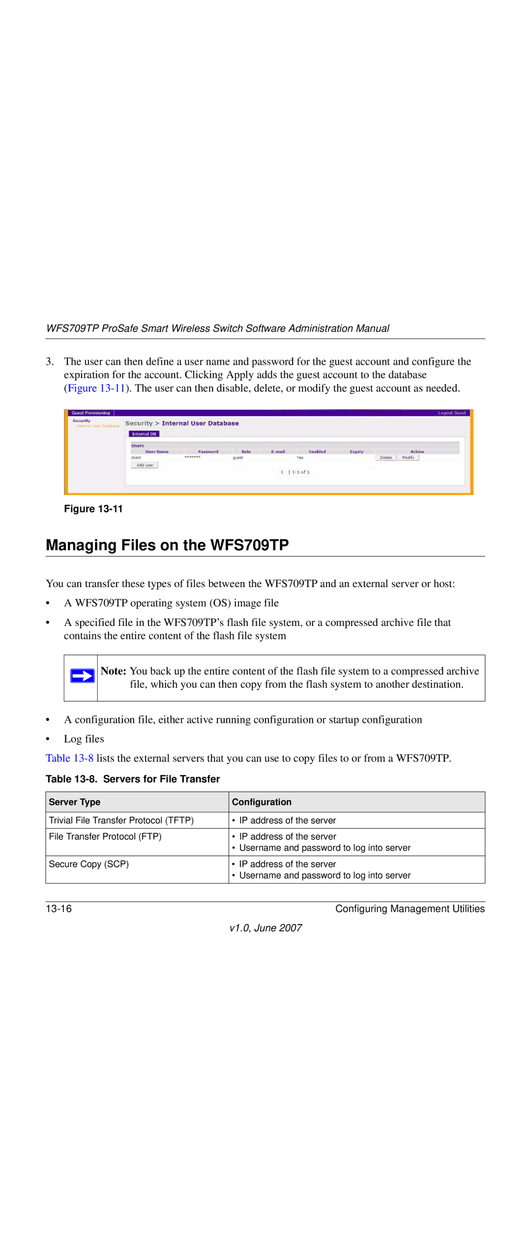 NETGEAR WFS709TP-100NAS manual Managing Files on the WFS709TP, Servers for File Transfer, Server Type Configuration 