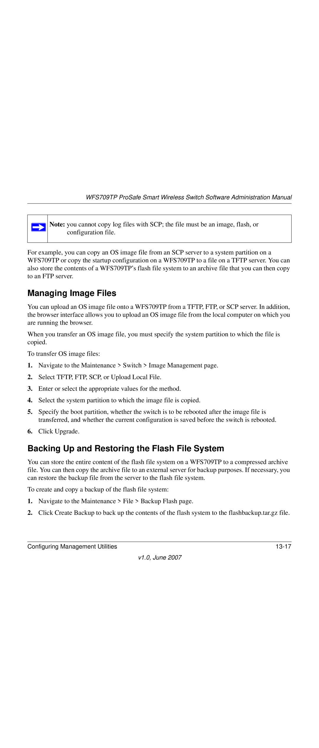 NETGEAR WFS709TP-100NAS manual Managing Image Files, Backing Up and Restoring the Flash File System 