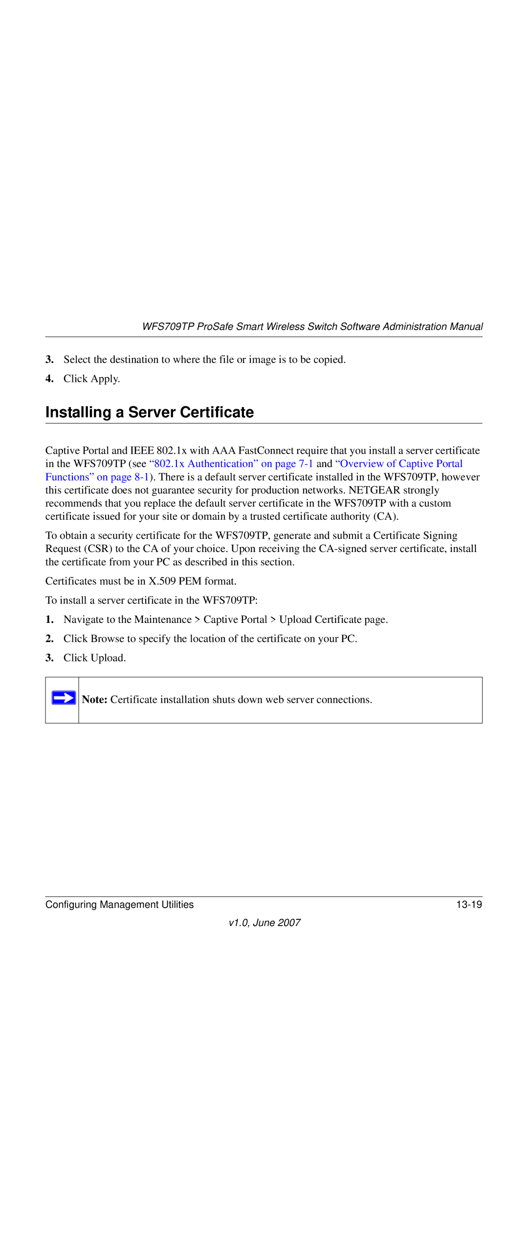 NETGEAR WFS709TP-100NAS manual Installing a Server Certificate 