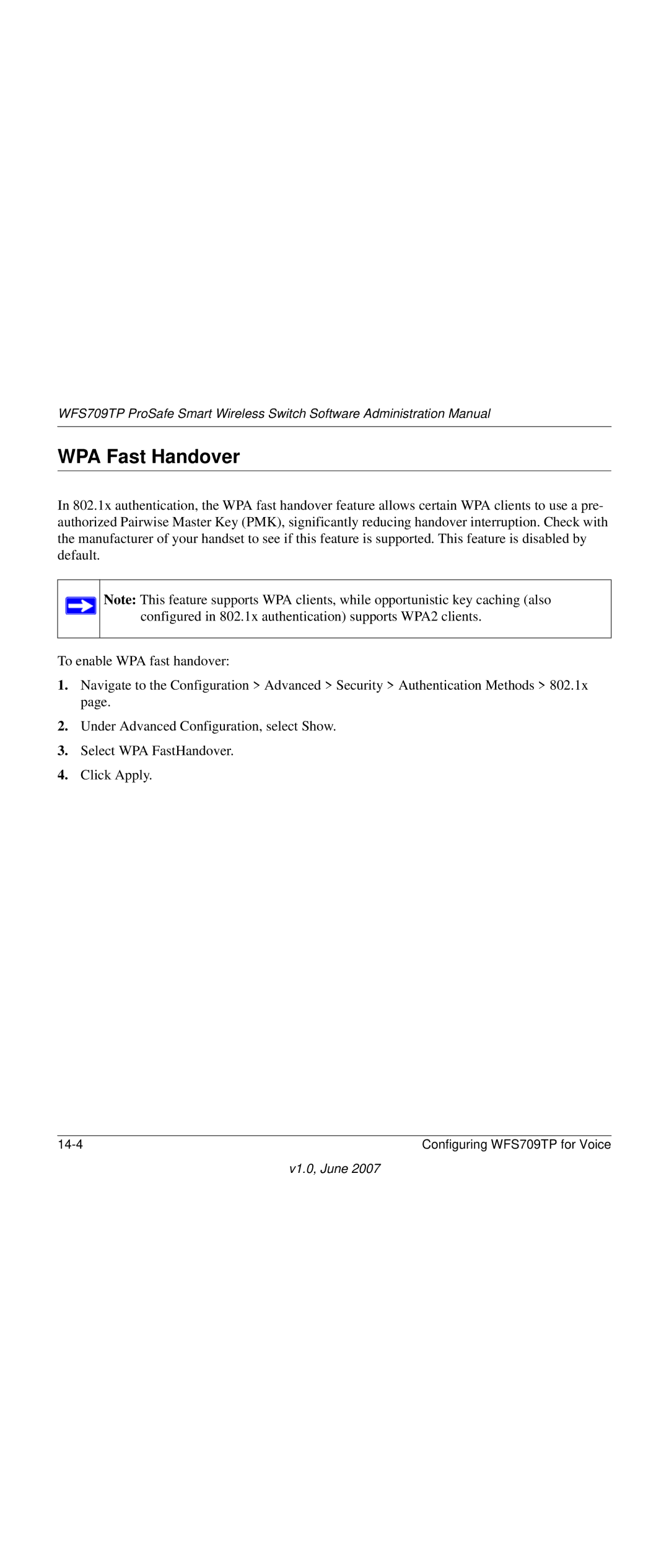 NETGEAR WFS709TP-100NAS manual WPA Fast Handover 