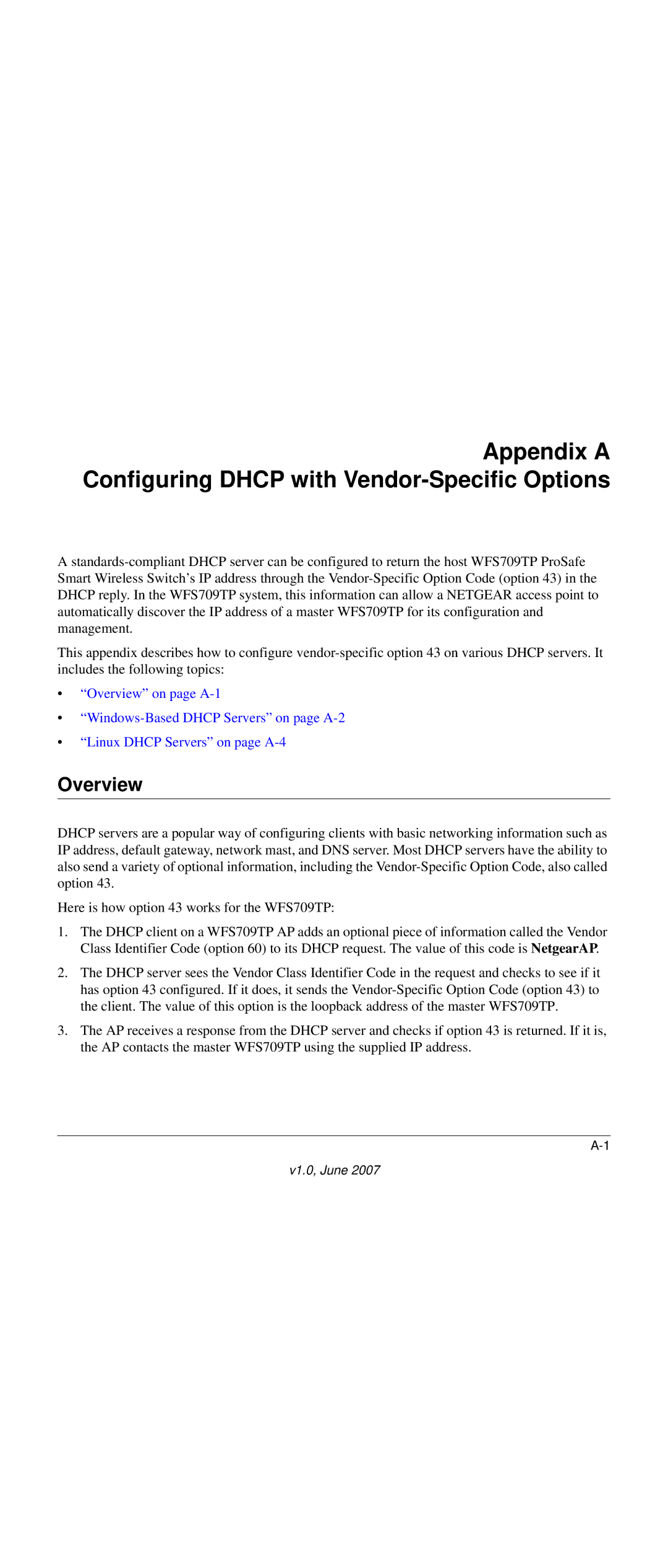 NETGEAR WFS709TP-100NAS manual Appendix a Configuring Dhcp with Vendor-Specific Options, Overview 