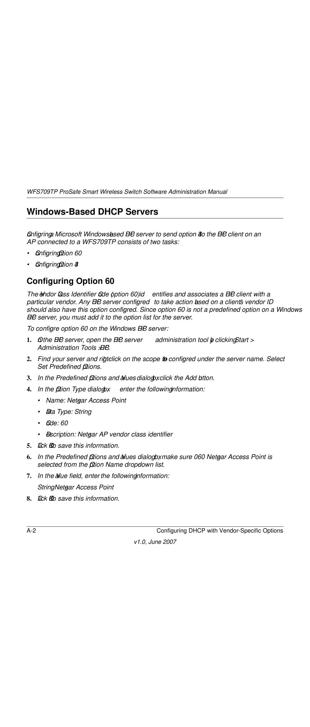 NETGEAR WFS709TP-100NAS manual Windows-Based Dhcp Servers, Configuring Option 