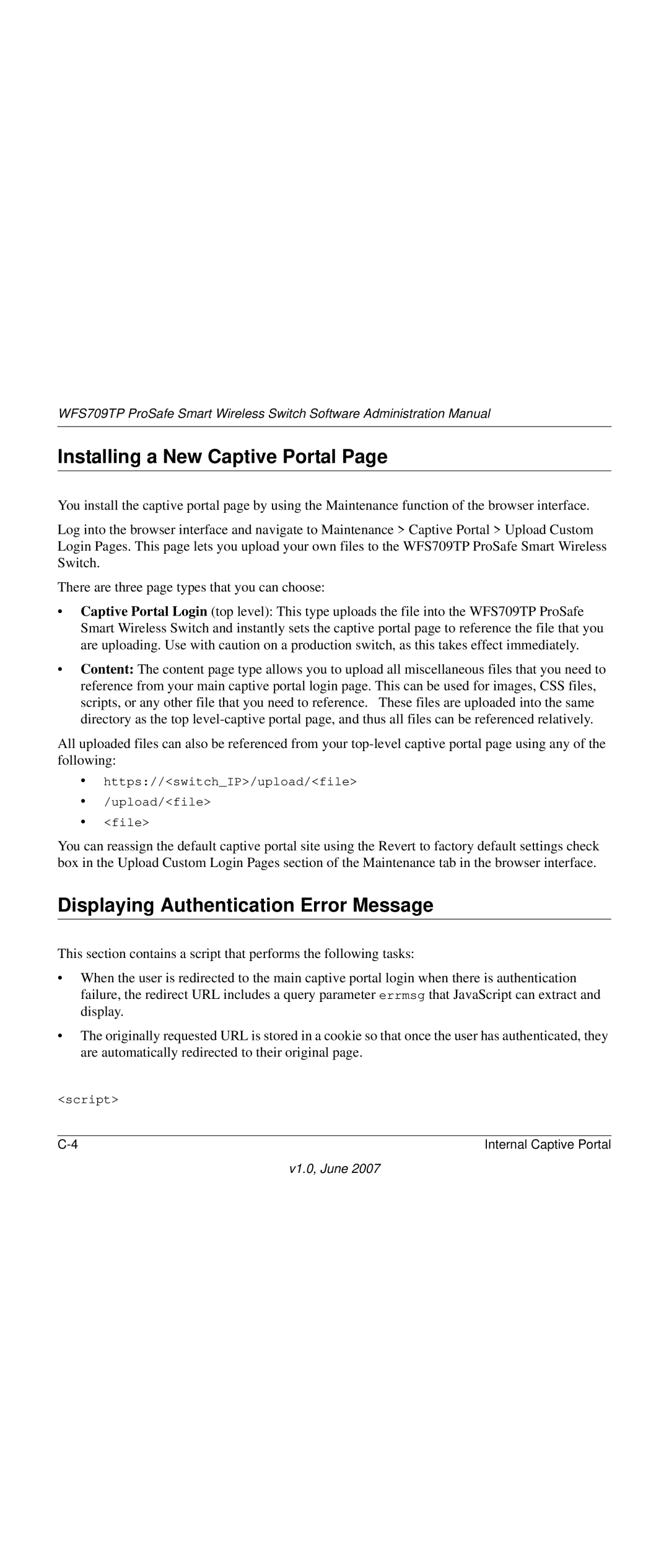 NETGEAR WFS709TP-100NAS manual Installing a New Captive Portal, Displaying Authentication Error Message 