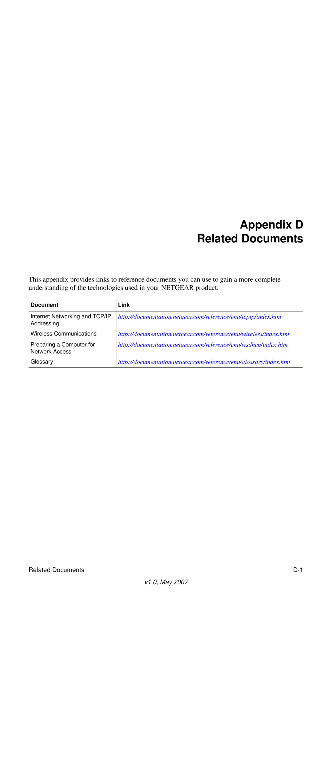 NETGEAR WFS709TP-100NAS manual Appendix D Related Documents, Document Link 