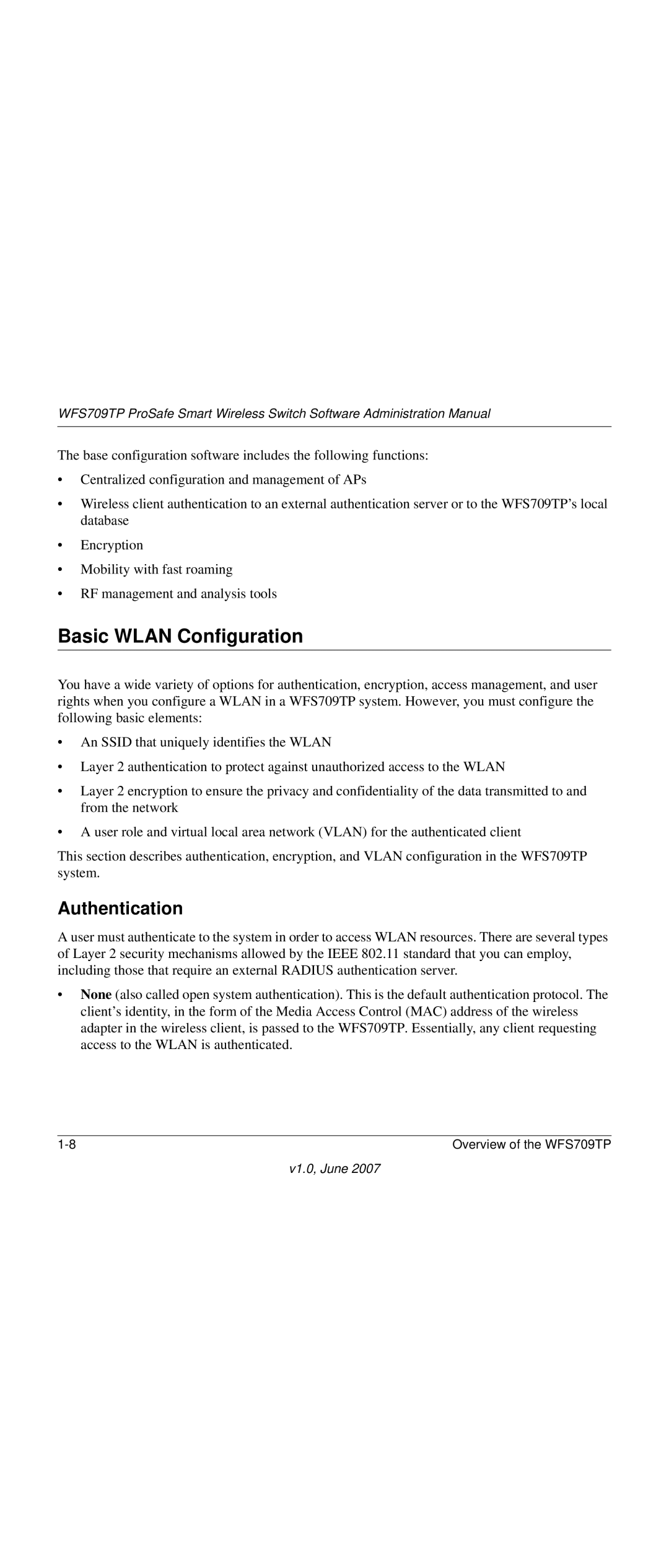 NETGEAR WFS709TP-100NAS manual Basic Wlan Configuration, Authentication 