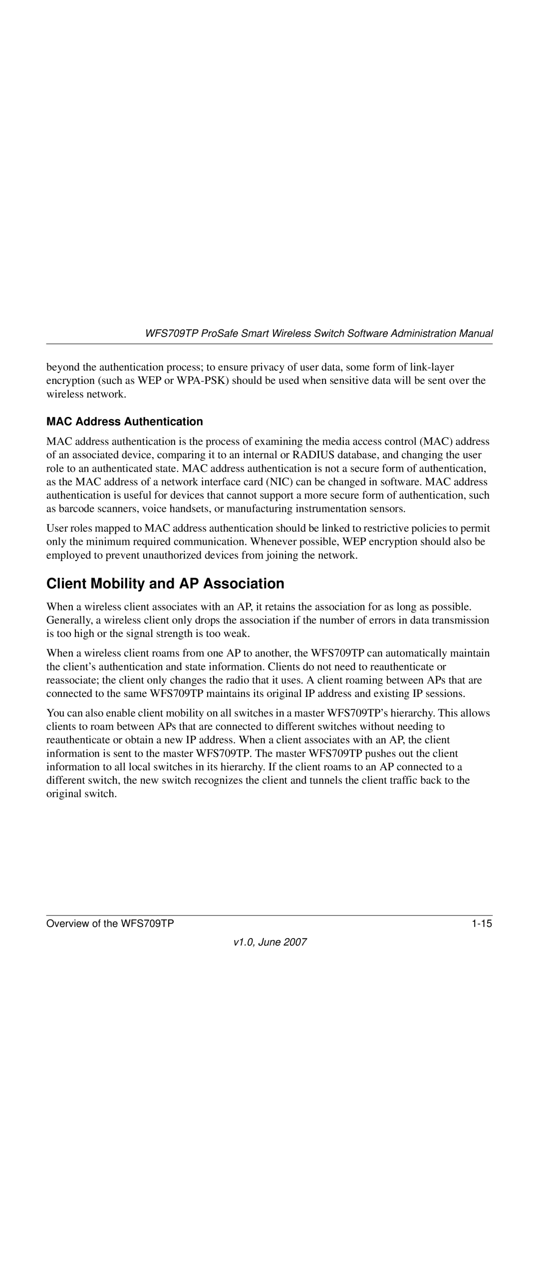 NETGEAR WFS709TP-100NAS manual Client Mobility and AP Association, MAC Address Authentication 