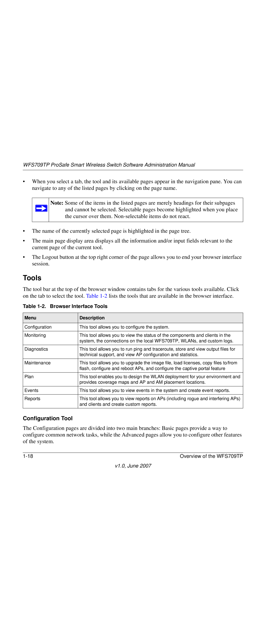 NETGEAR WFS709TP-100NAS manual Configuration Tool, Browser Interface Tools, Menu Description 