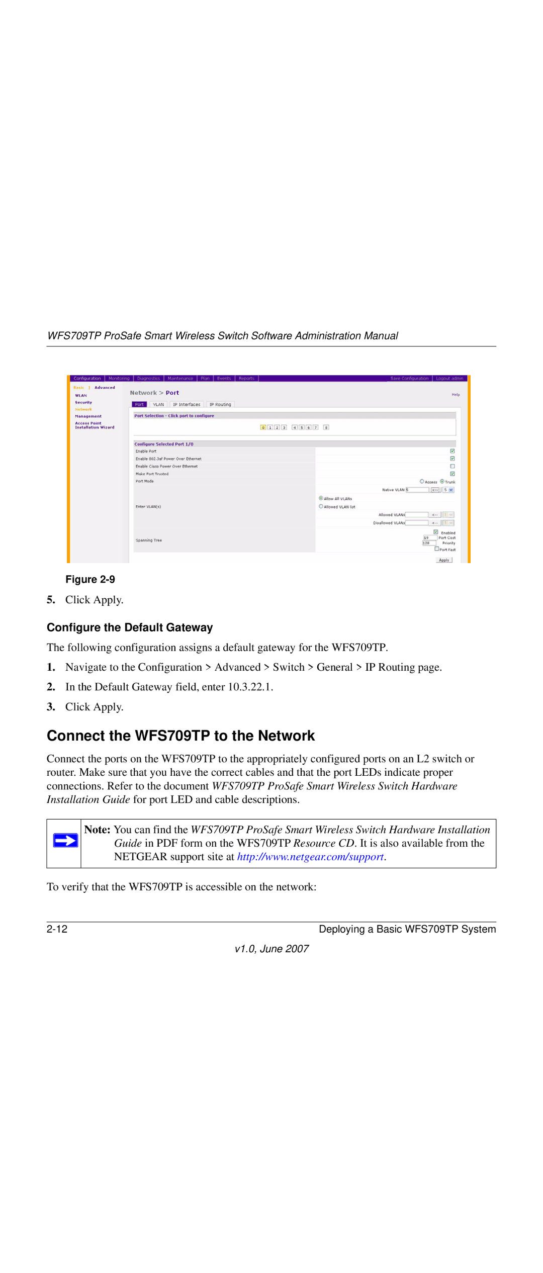 NETGEAR WFS709TP-100NAS manual Connect the WFS709TP to the Network, Configure the Default Gateway 