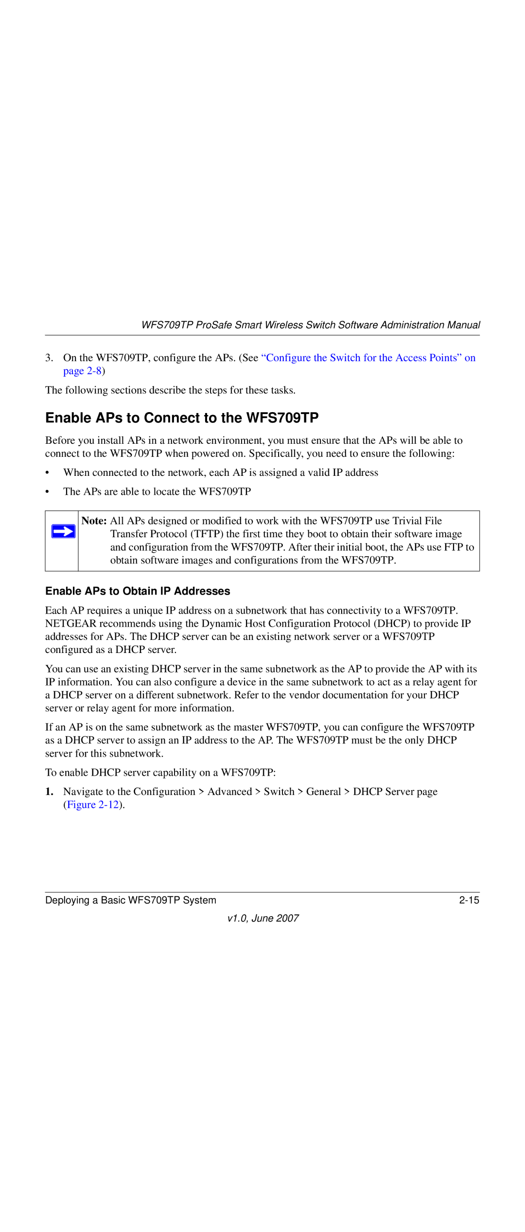 NETGEAR WFS709TP-100NAS manual Enable APs to Connect to the WFS709TP, Enable APs to Obtain IP Addresses 