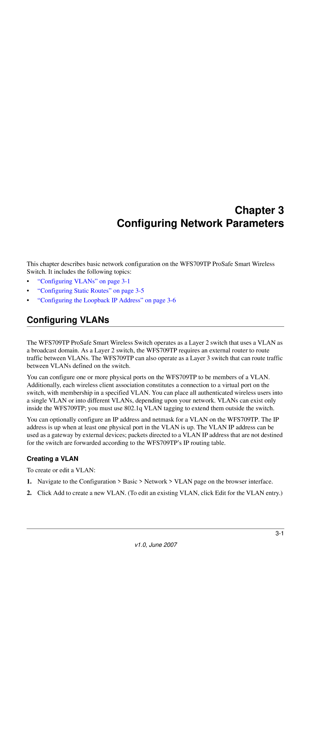 NETGEAR WFS709TP-100NAS manual Chapter Configuring Network Parameters, Configuring VLANs, Creating a Vlan 