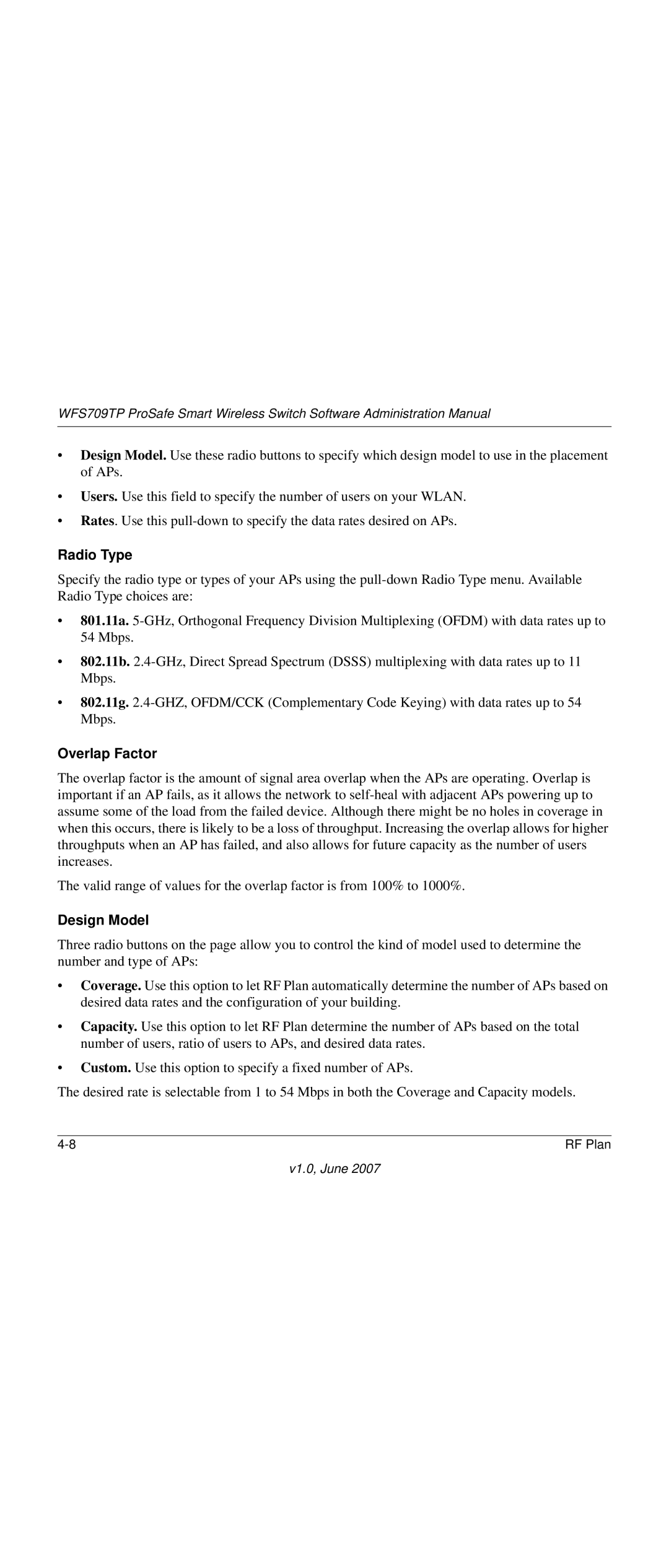 NETGEAR WFS709TP-100NAS manual Radio Type, Overlap Factor, Design Model 