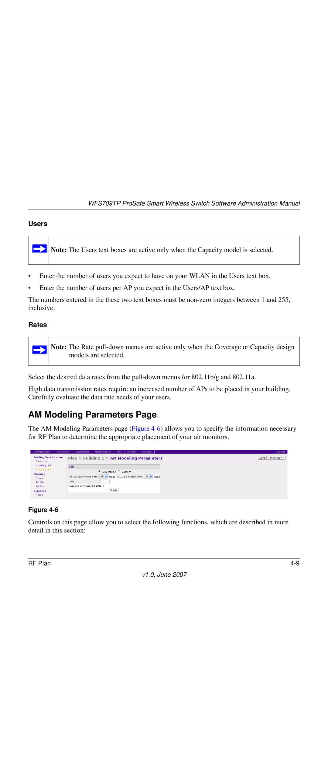 NETGEAR WFS709TP-100NAS manual AM Modeling Parameters, Users, Rates 