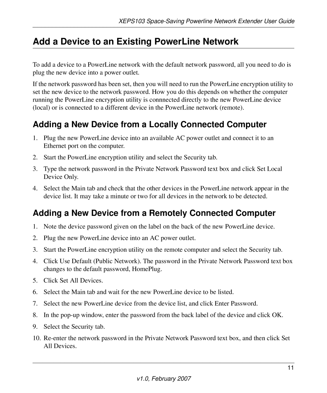 NETGEAR XE103, WG102 Add a Device to an Existing PowerLine Network, Adding a New Device from a Locally Connected Computer 