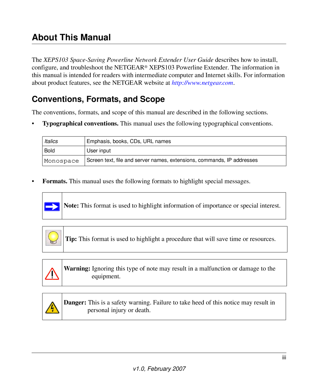 NETGEAR WG102, WGPS606, GS608, GS105, GS605, XE103, WGT624SC manual About This Manual, Conventions, Formats, and Scope 